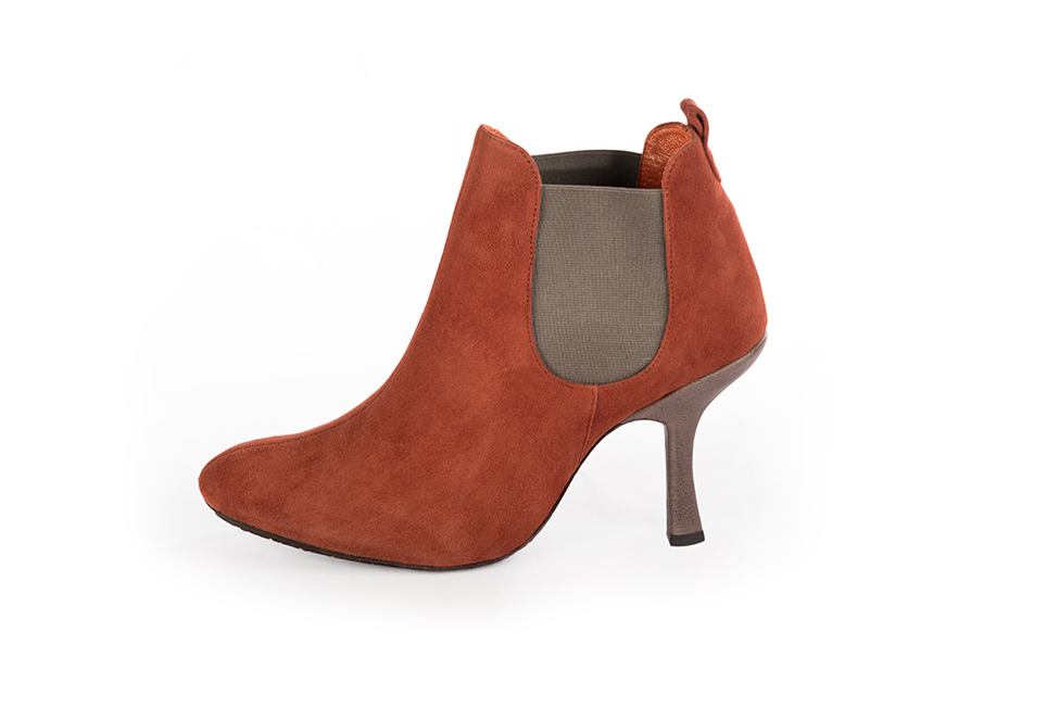 Women's terracotta orange and taupe brown elegant Chelsea ankle boots, with side elastics. Round toe. High spool heels - Profile view